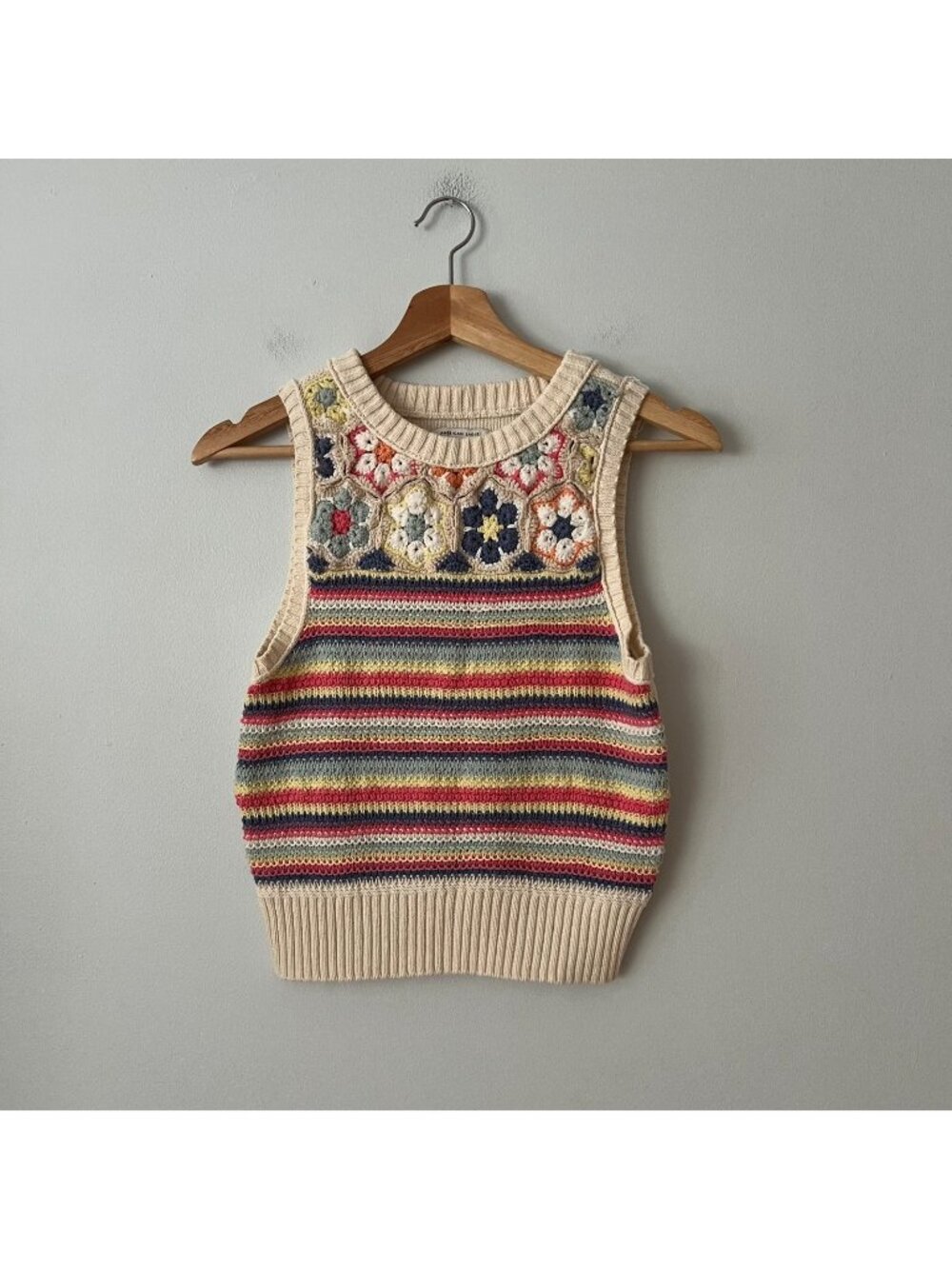 American Eagle Multicolor Crochet Floral Stripe Sweater Vest Women's Size XS